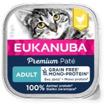 Eine Schale Katzenfutter 'Eukanuba' der gleichnamigen Firma